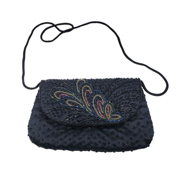 Vtg Formal Black Satin Beaded Evening Bag Peacock Beaded Embroidery Crossbody - Picture 1 of 6